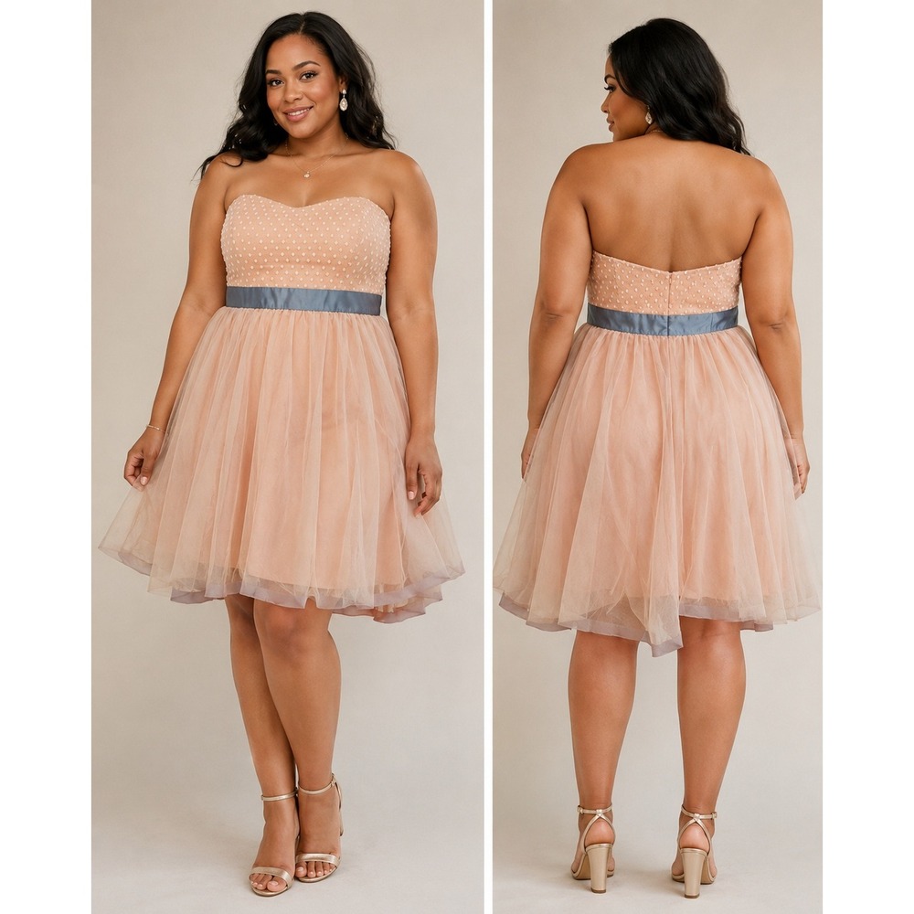 Topshop Women 12 Strapless Tulle Mini Dress Peach Pink‎ Party Prom Formal Dot